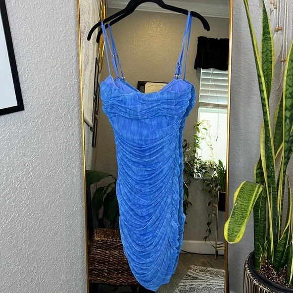 open lace back dress Serena Blue Floral Ruched Mesh Mini Dress – Vivuki